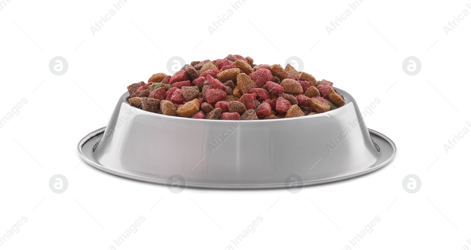 Photo of Dry food in pet bowl isolated on white