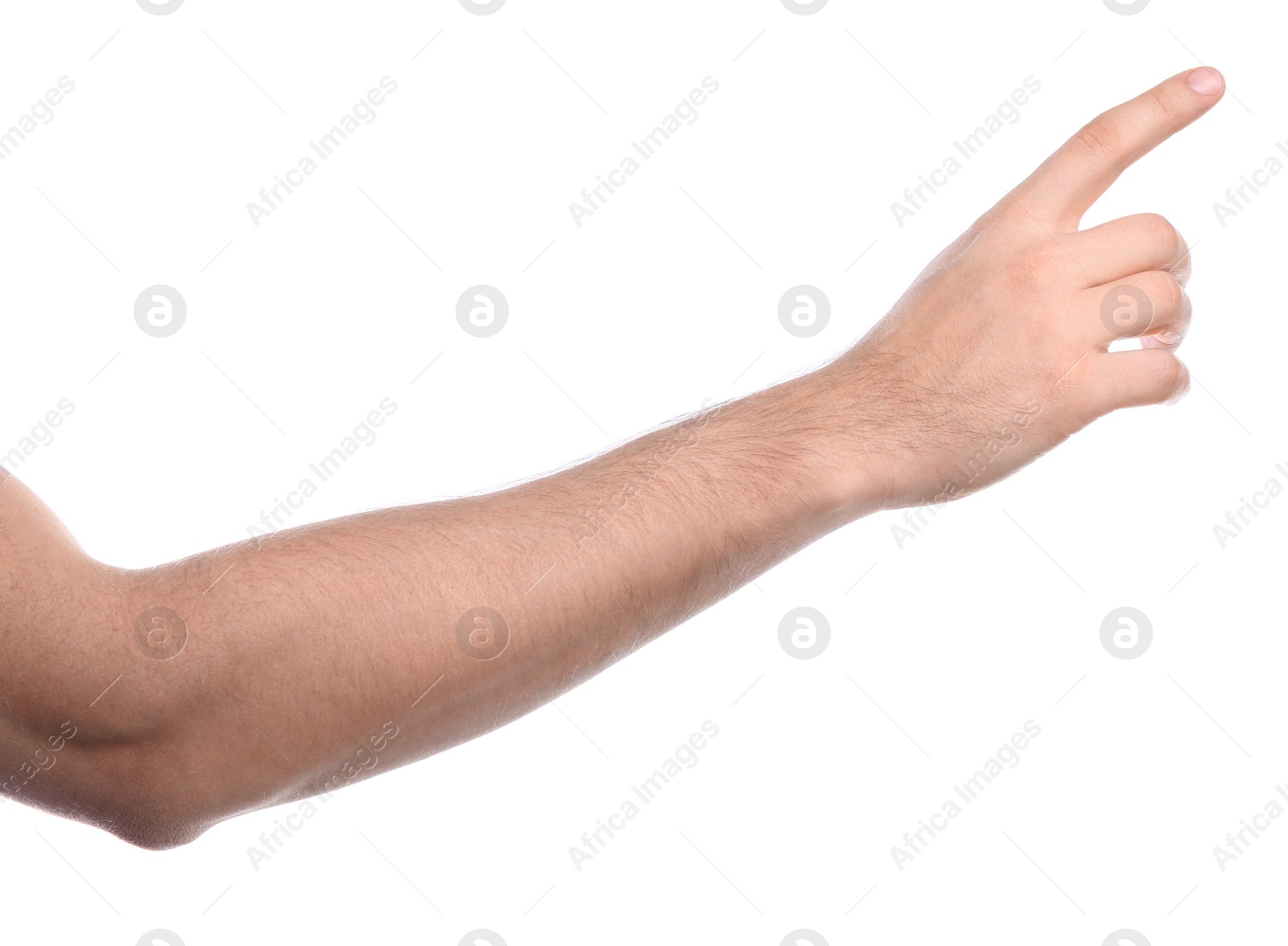 Photo of Man pointing at something on white background, closeup of hand