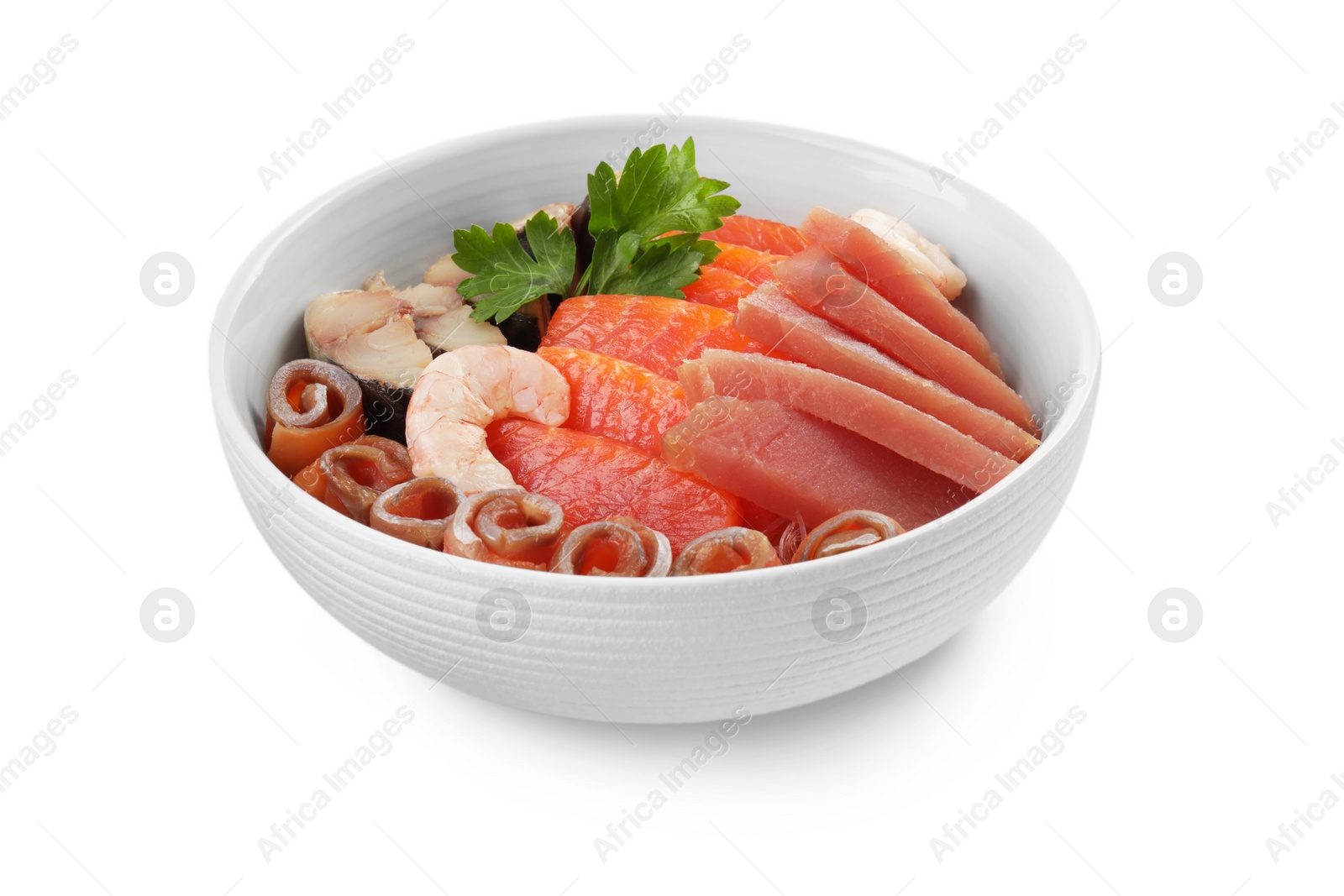 Photo of Delicious mackerel, tuna, salmon and shrimps served with parsley isolated on white. Tasty sashimi dish