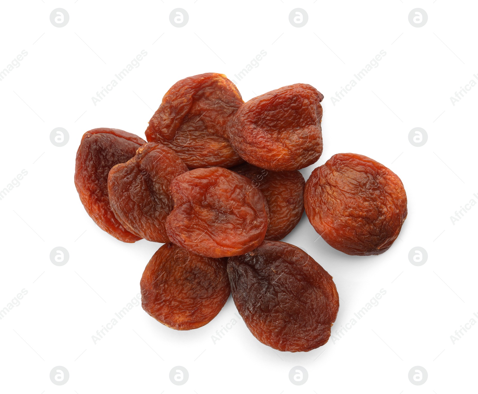 Photo of Tasty dried apricots on white background, top view