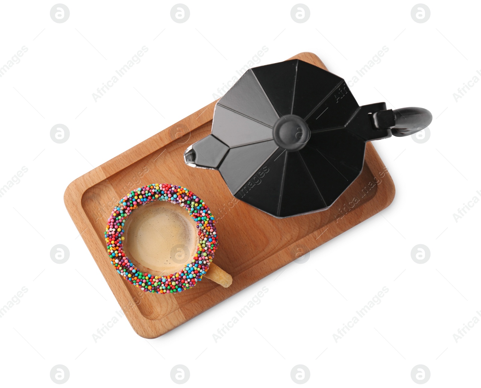 Photo of Delicious edible biscuit cup with coffee and moka pot isolated on white, top view