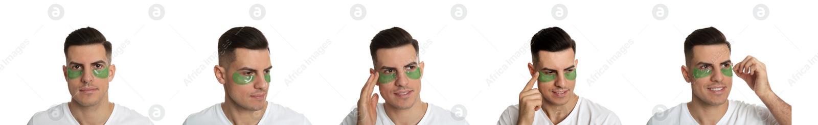 Image of Collage of handsome man with cosmetic under eye patches on white background. Banner design