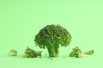 Fresh raw broccoli on light green background