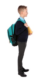 Photo of Full length portrait of cute boy in school uniform with backpack on white background