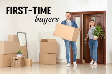Image of First-time buyer. Couple walking into their new house with moving boxes