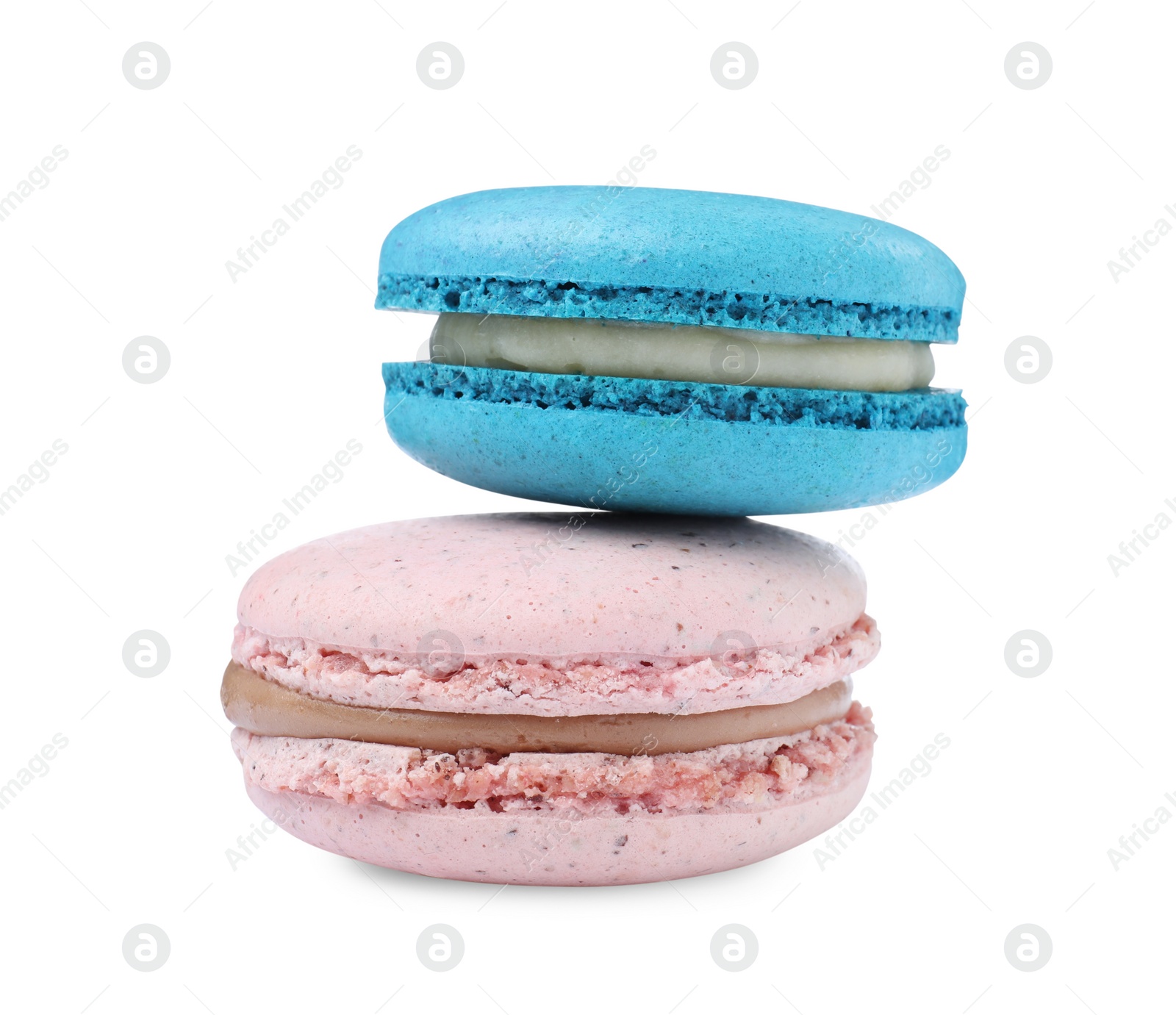 Photo of Different delicious colorful macarons on white background