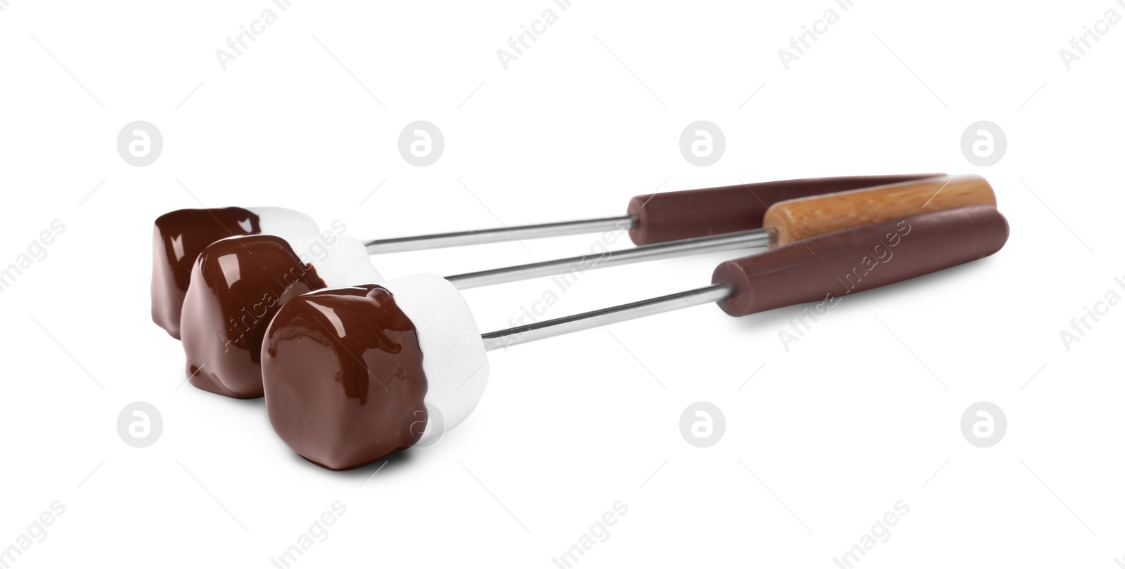 Photo of Tasty marshmallows dipped into chocolate on white background