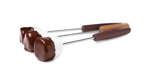 Photo of Tasty marshmallows dipped into chocolate on white background