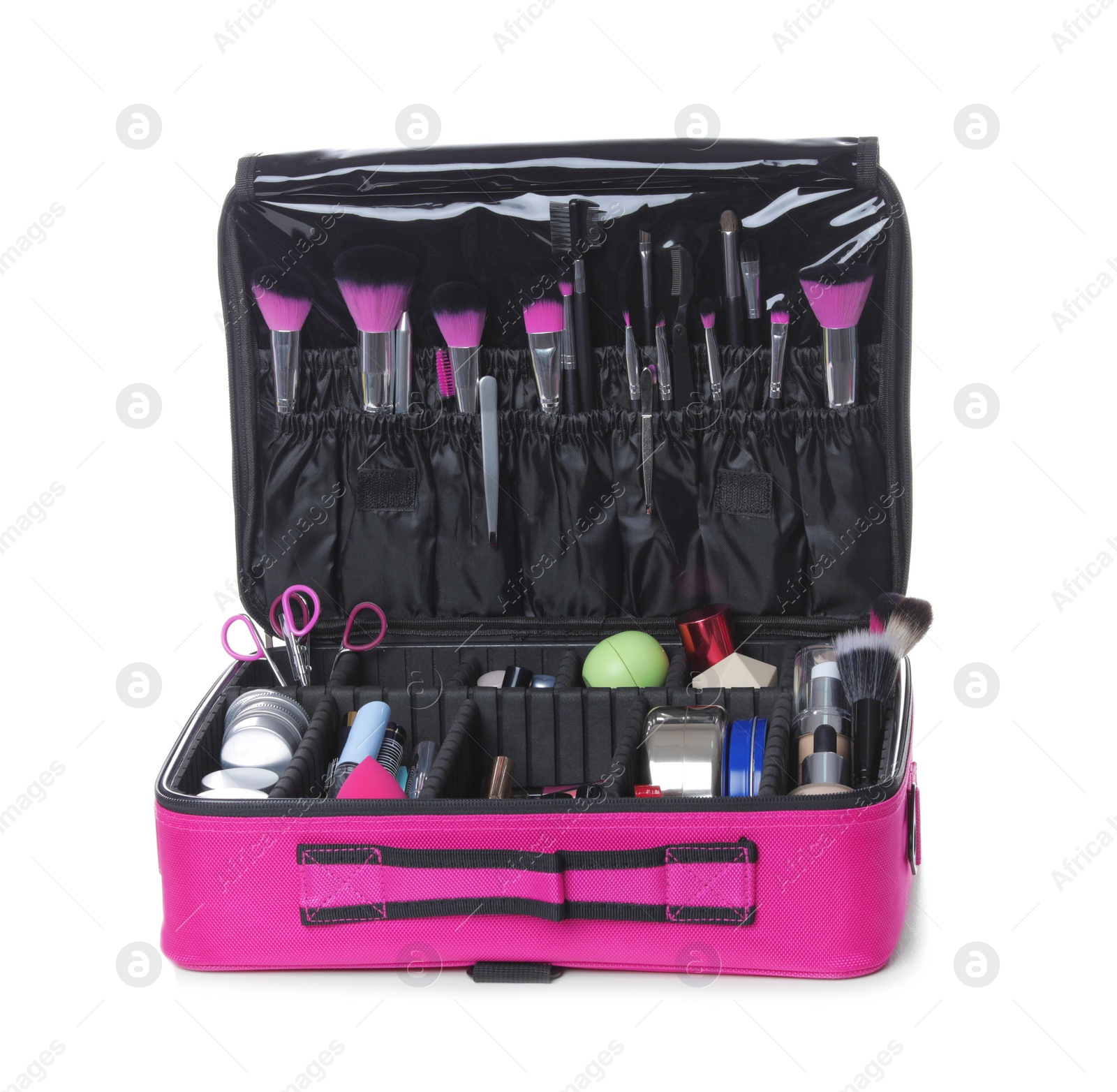 Photo of Stylish case with makeup products and beauty accessories on white background