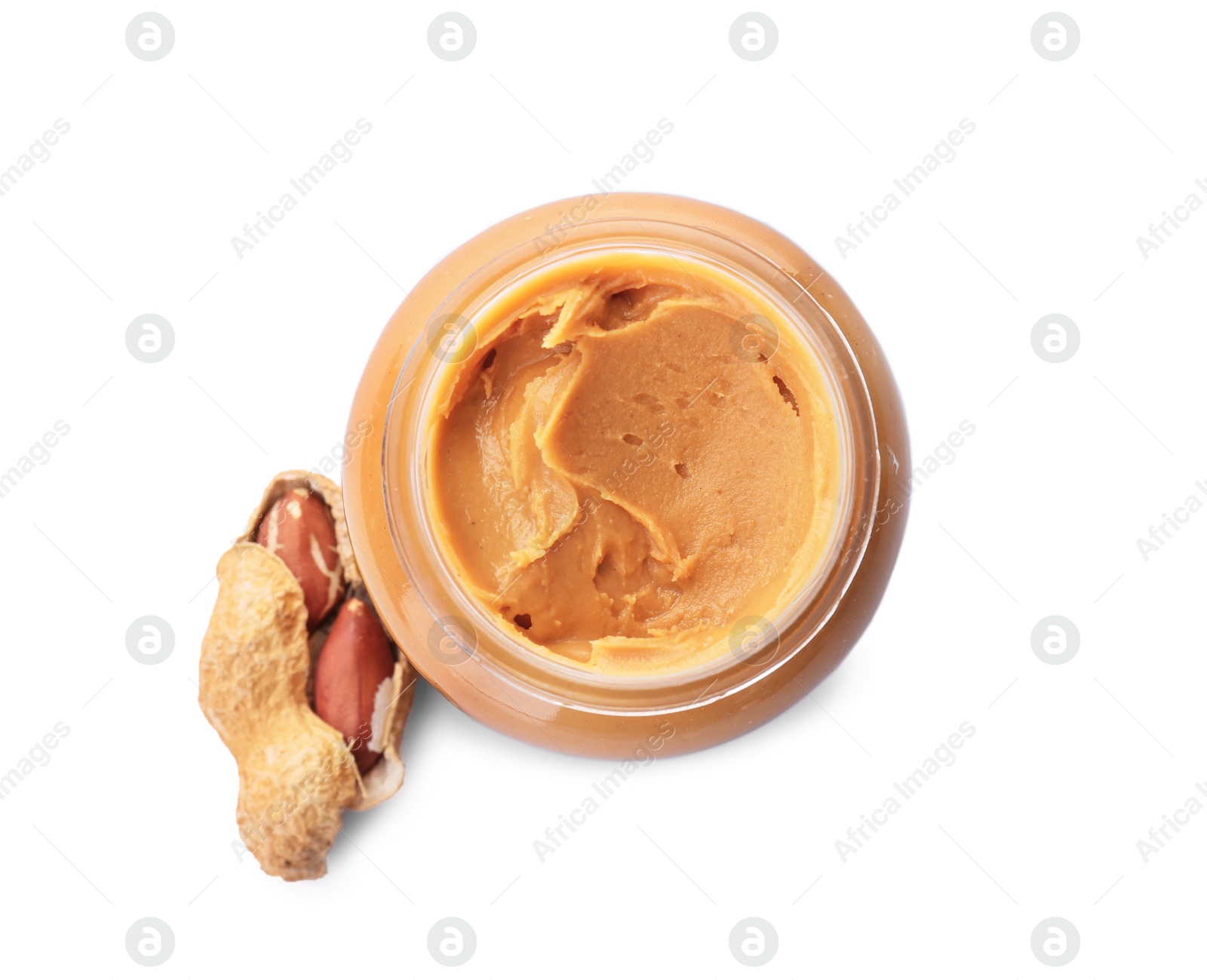 Photo of Jar with creamy peanut butter on white background