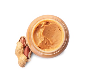 Photo of Jar with creamy peanut butter on white background