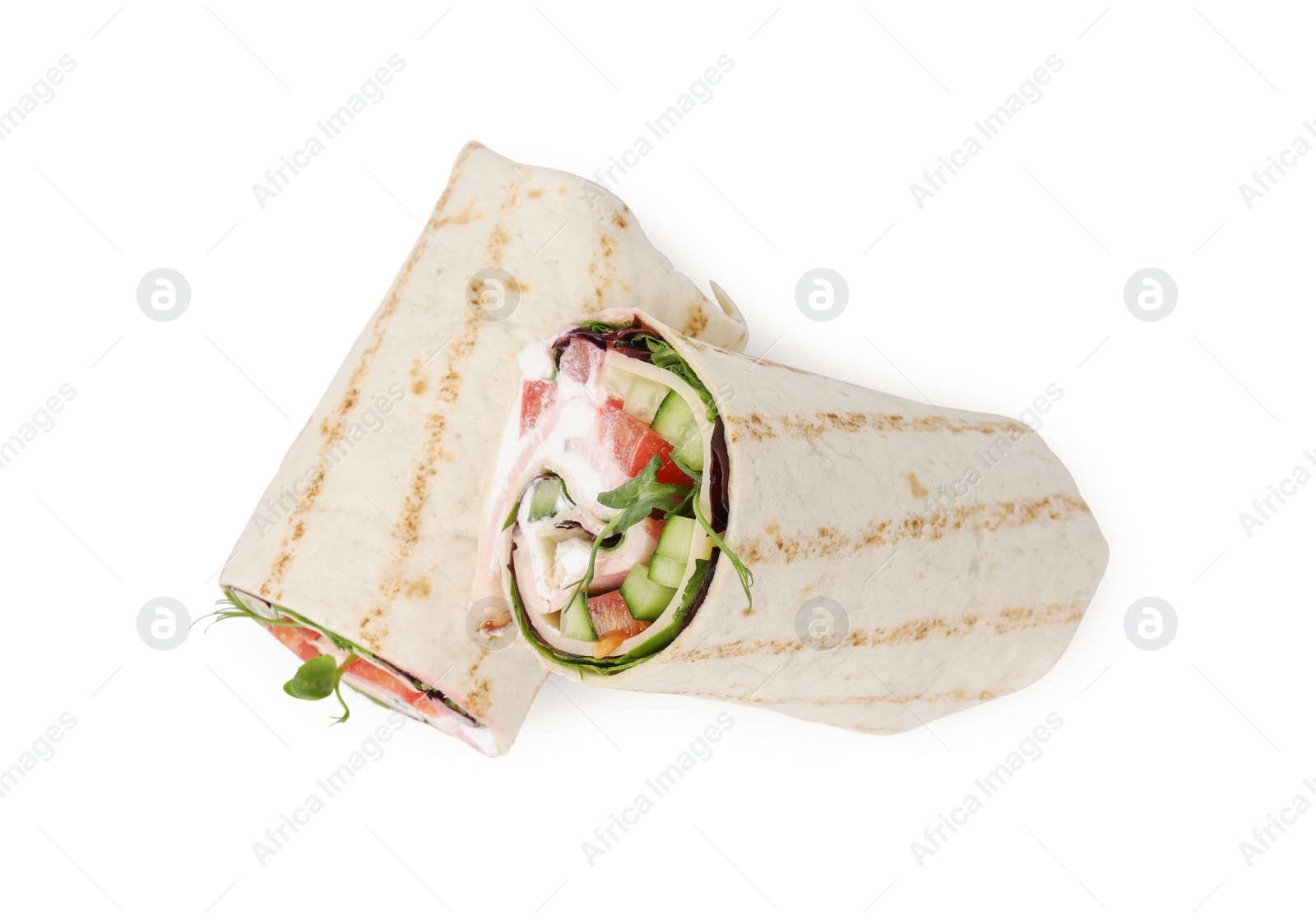 Photo of Delicious sandwich wraps with fresh vegetables isolated on white, top view