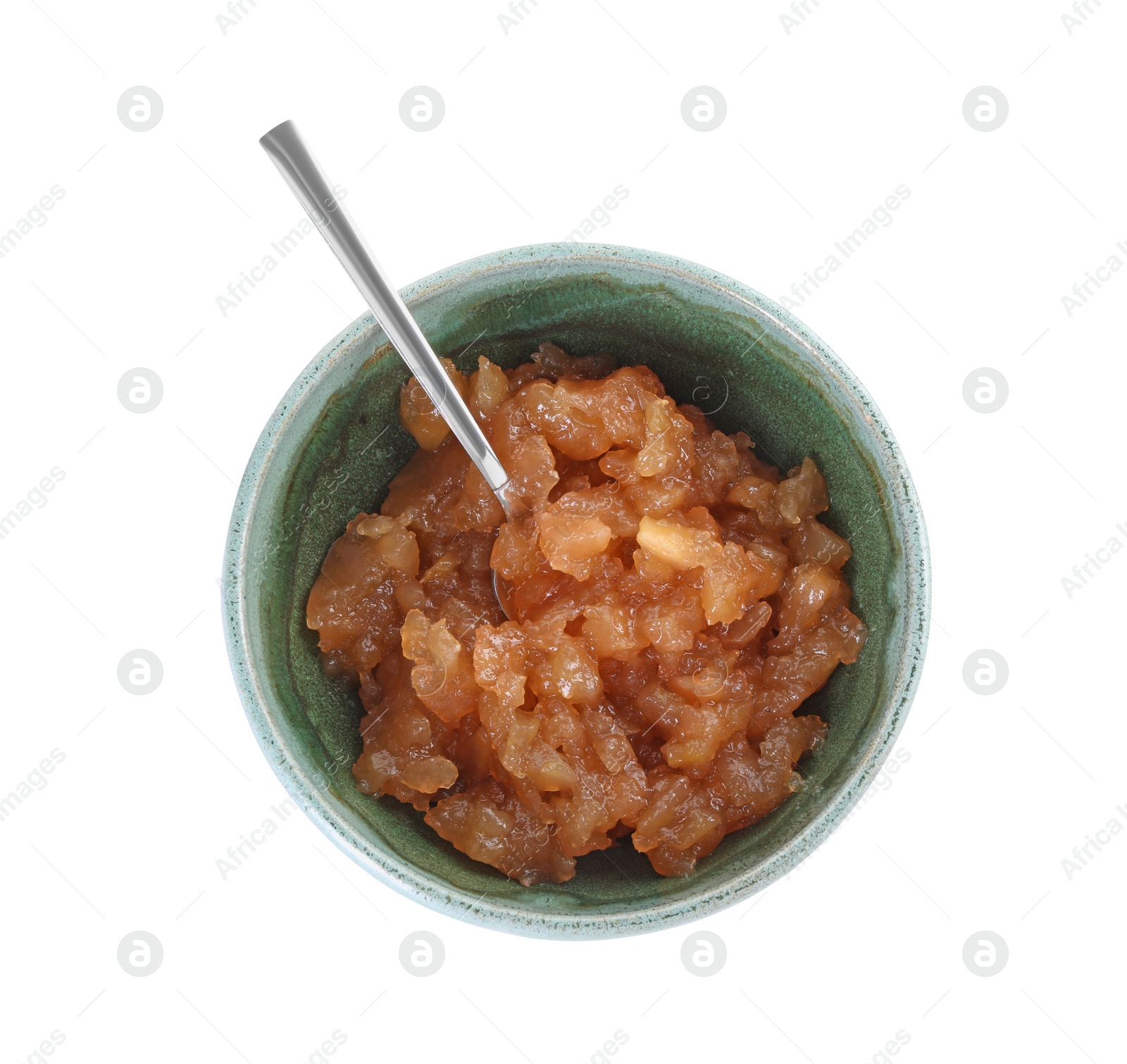 Photo of Delicious apple jam in bowl isolated on white, top view