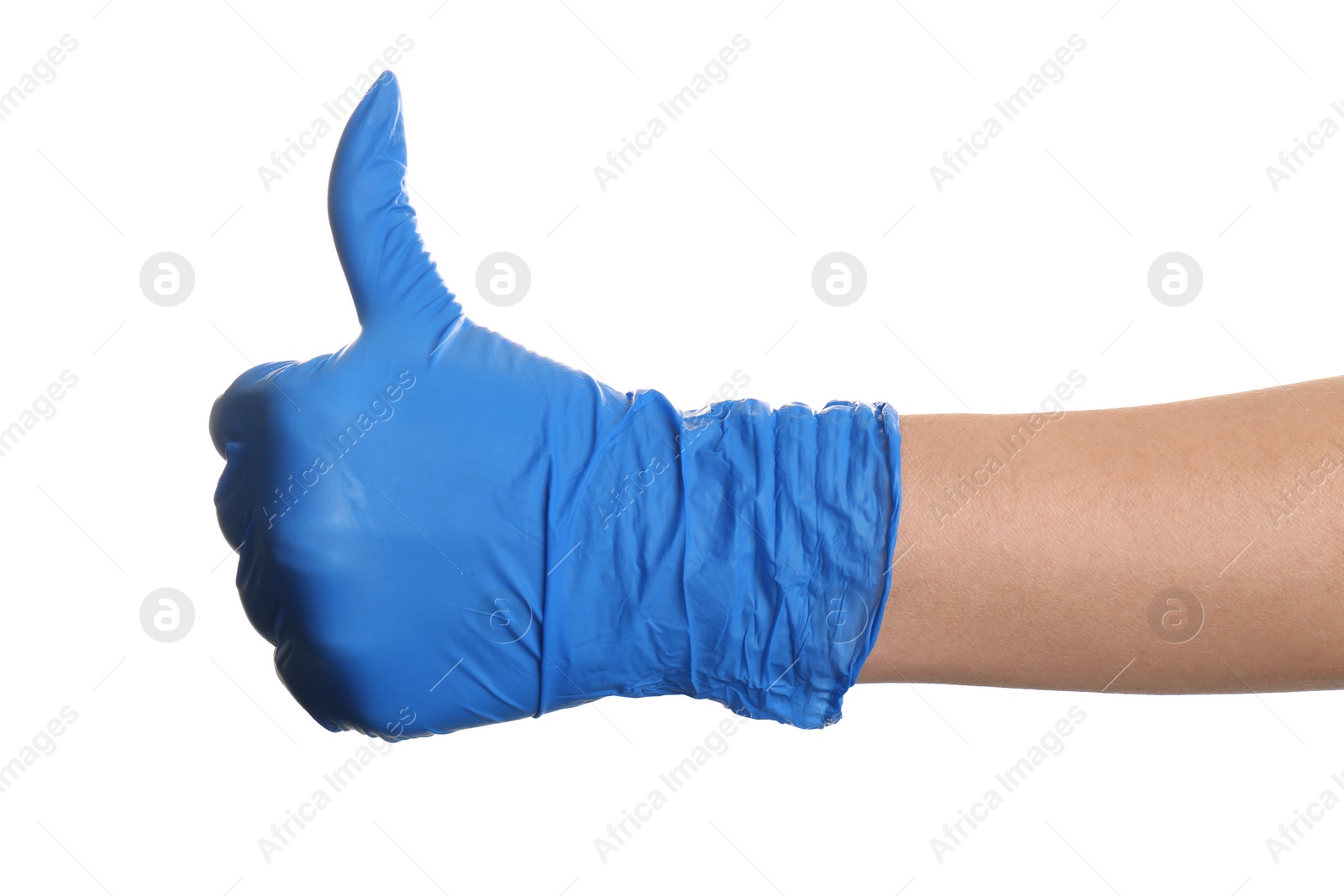 Photo of Woman in blue latex gloves showing thumb up gesture on white background, closeup of hand