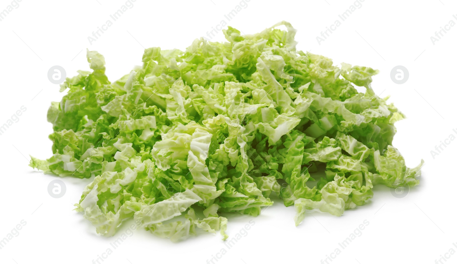 Photo of Pile of chopped Chinese cabbage on white background