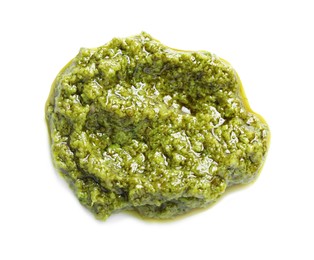 Photo of Sample of tasty pesto sauce isolated on white, top view