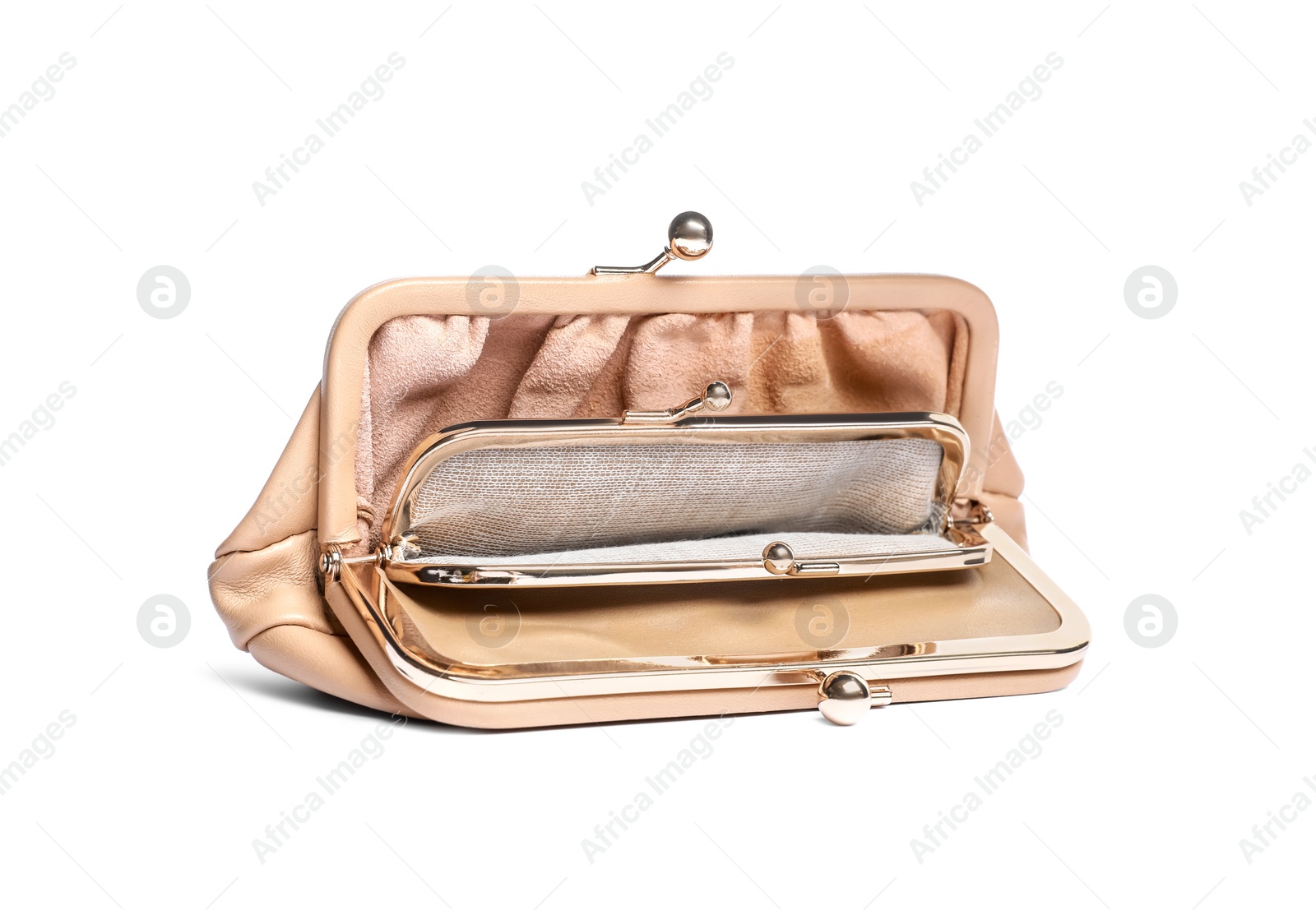 Photo of Stylish beige leather purse isolated on white