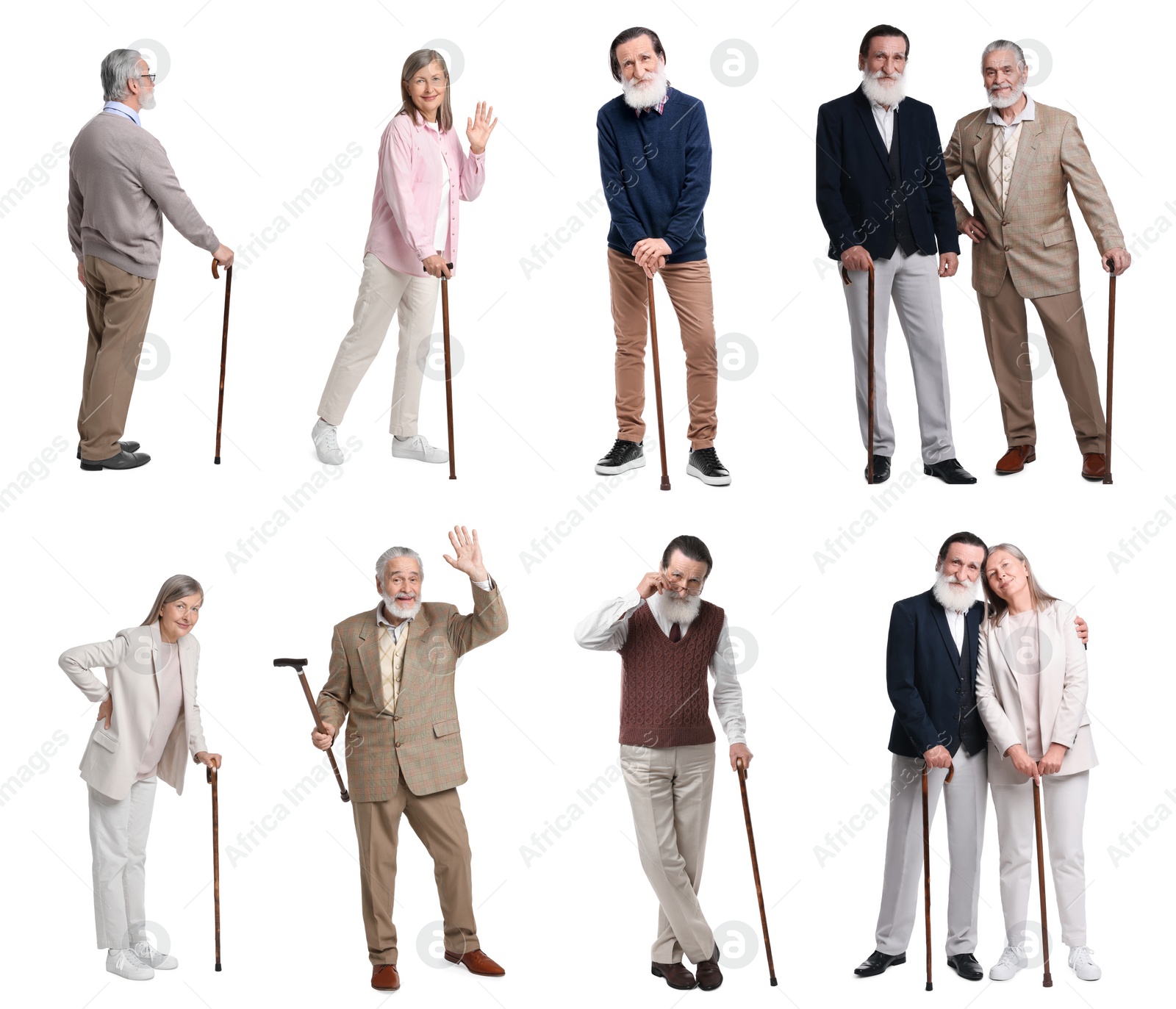 Image of Collage with photos of senior men and woman with walking canes on white background