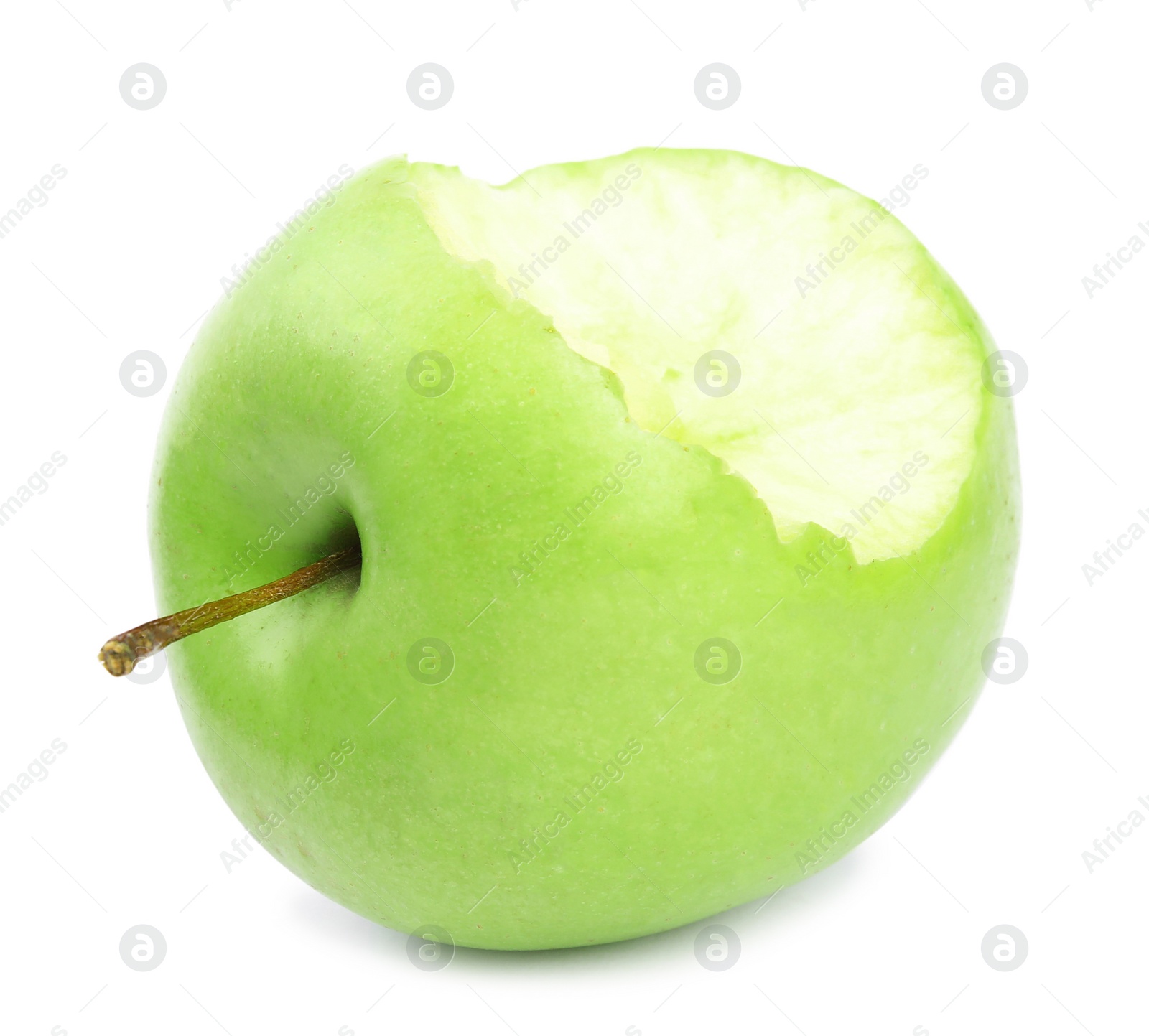 Photo of Fresh ripe green apple with bite mark on white background