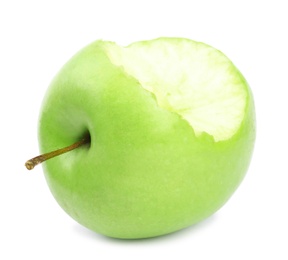 Photo of Fresh ripe green apple with bite mark on white background