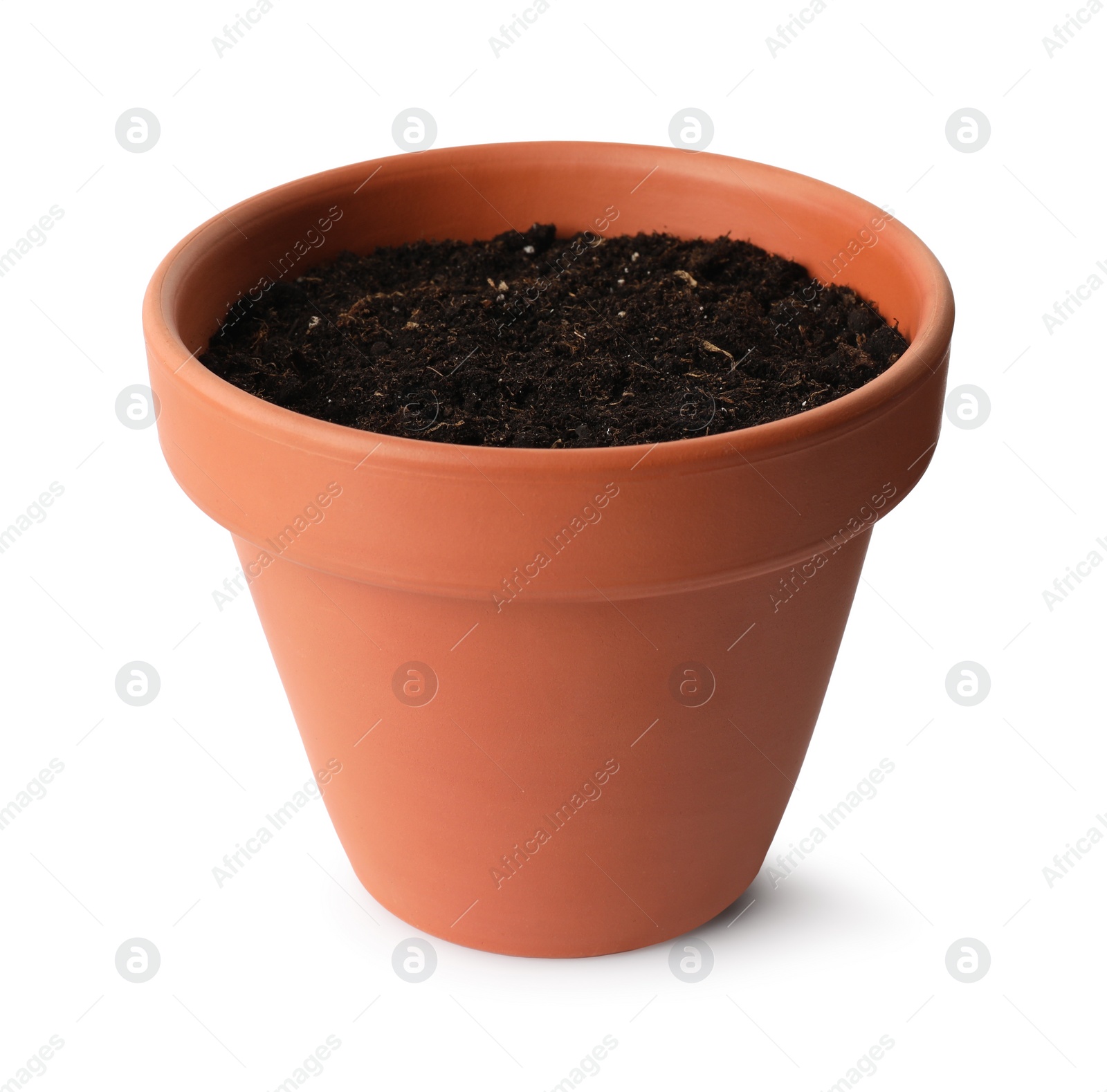 Photo of Clay flower pot with soil isolated on white