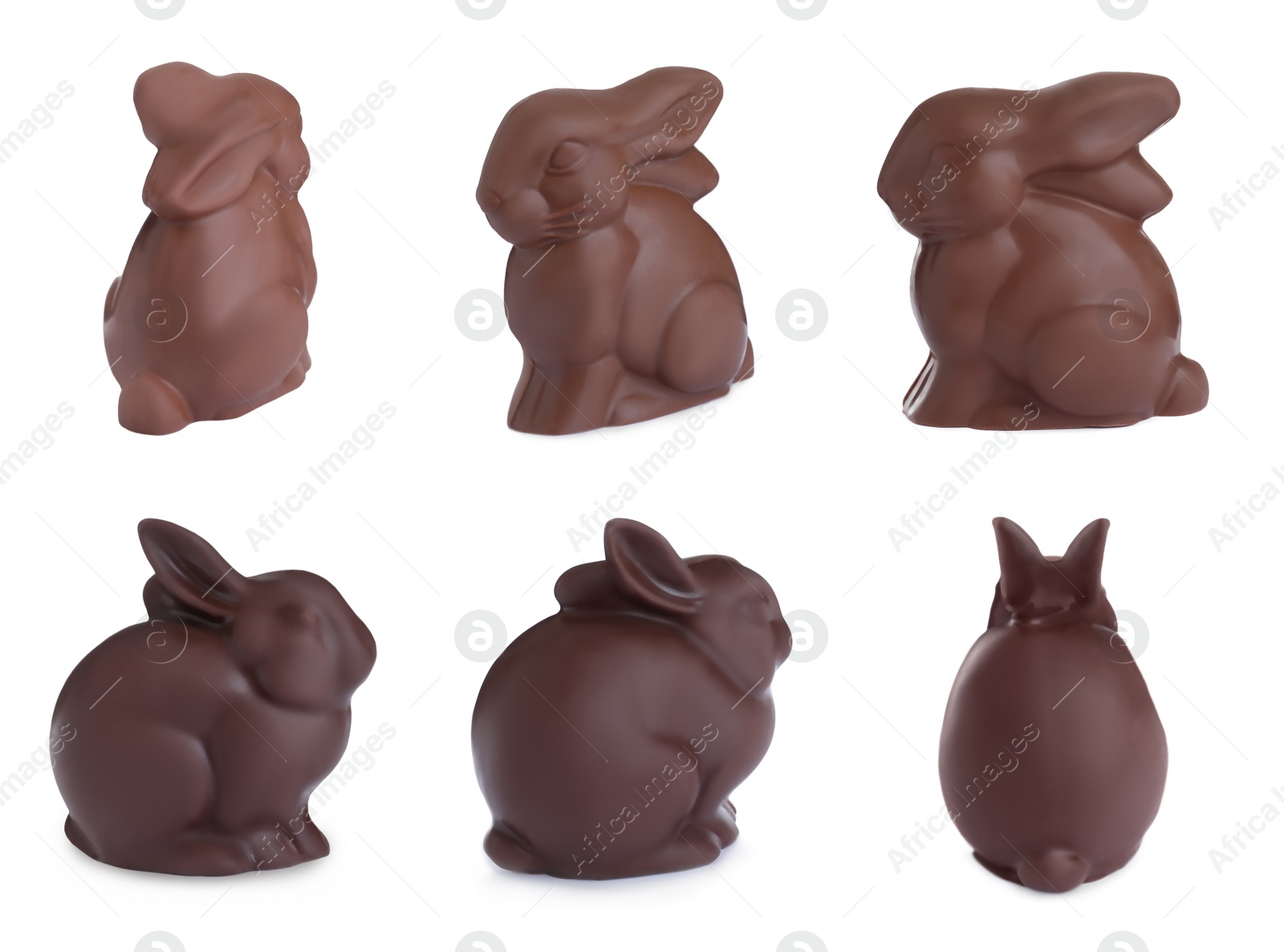 Image of Set with chocolate Easter bunnies on white background 