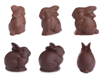 Image of Set with chocolate Easter bunnies on white background 