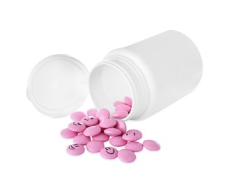 Bottle and antidepressant pills isolated on white