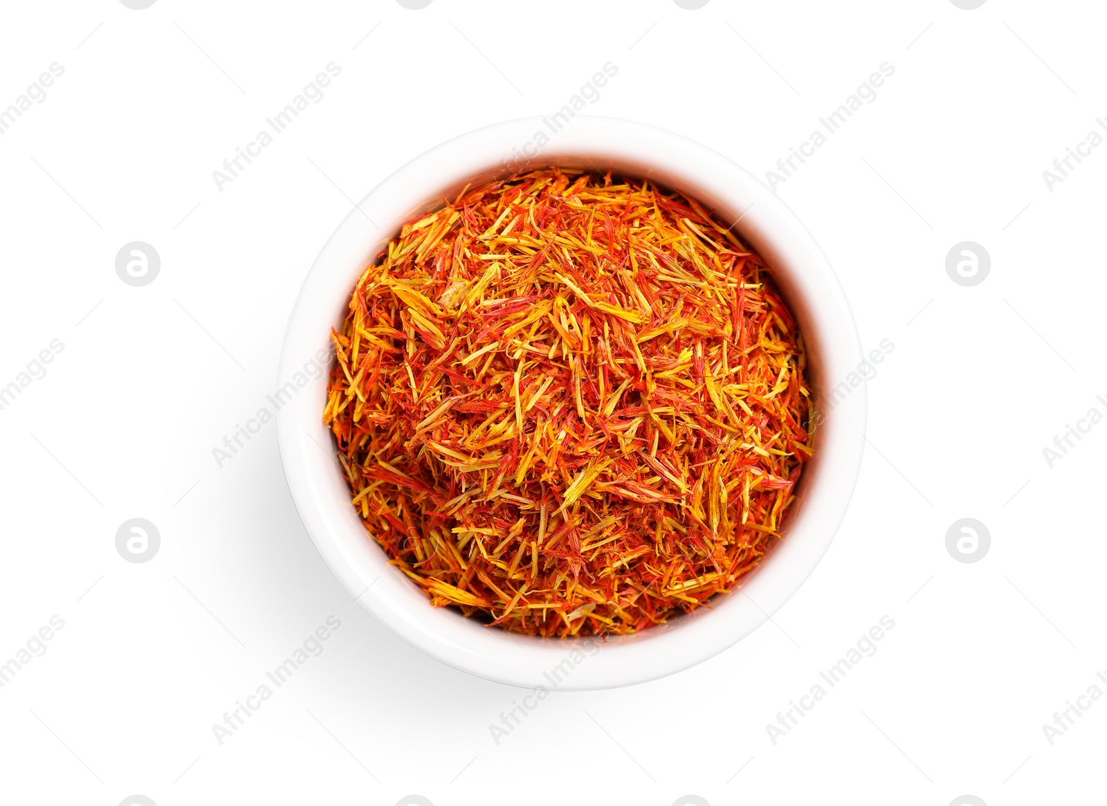 Photo of Aromatic saffron in bowl isolated on white, top view