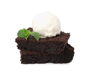 Tasty brownies with ice cream and mint isolated on white