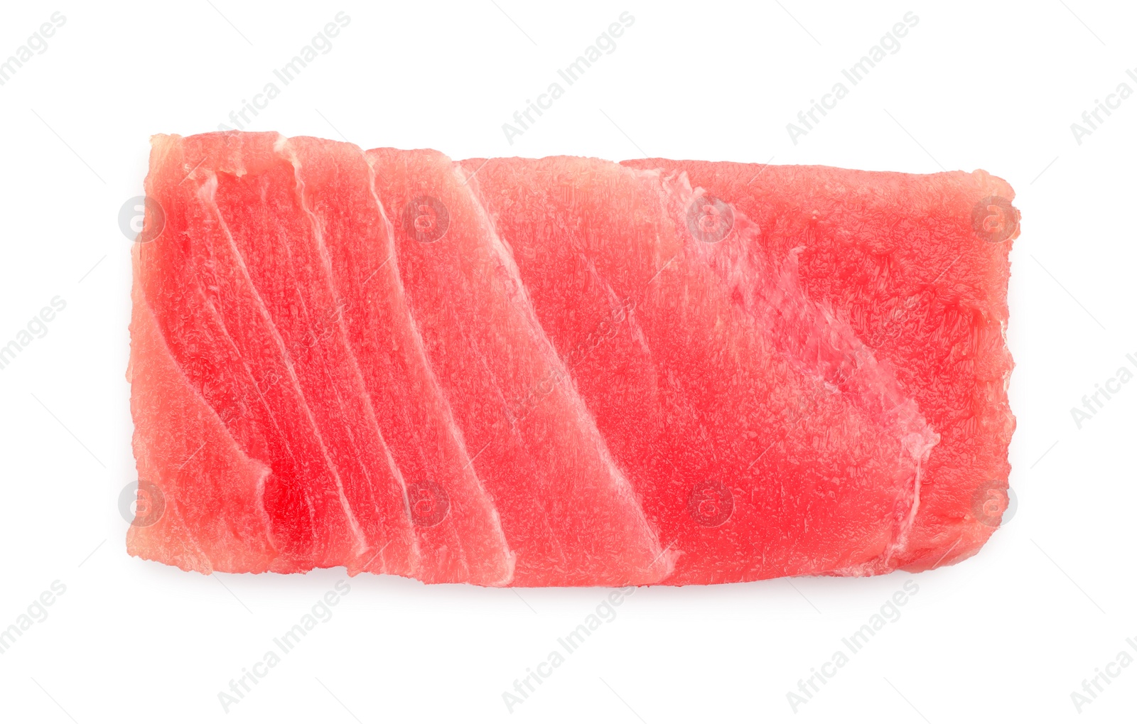 Photo of Tasty sashimi (piece of fresh raw tuna) isolated on white, top view