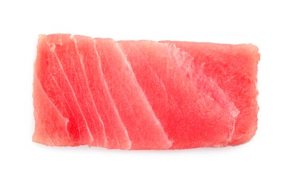 Photo of Tasty sashimi (piece of fresh raw tuna) isolated on white, top view