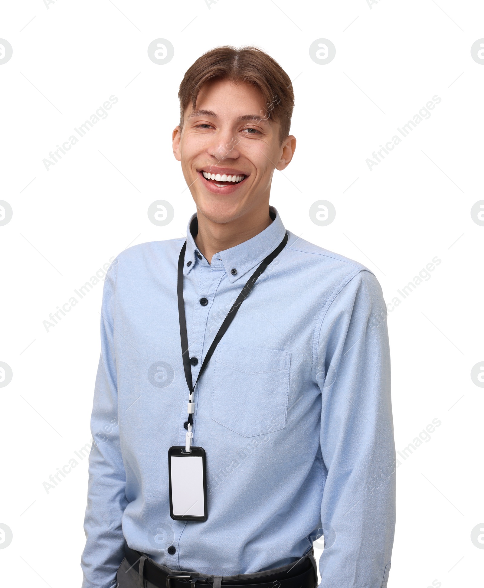 Photo of Happy man with blank badge on white background
