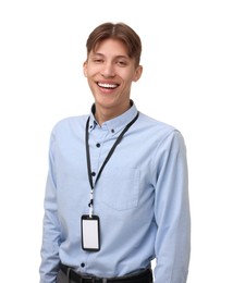 Photo of Happy man with blank badge on white background