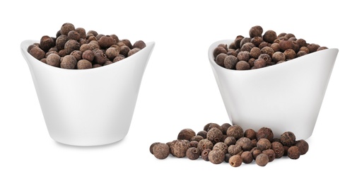 Image of Collage with allspice pepper in bowls on white background