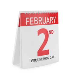 Photo of Calendar with date February 2nd on white background. Groundhog day