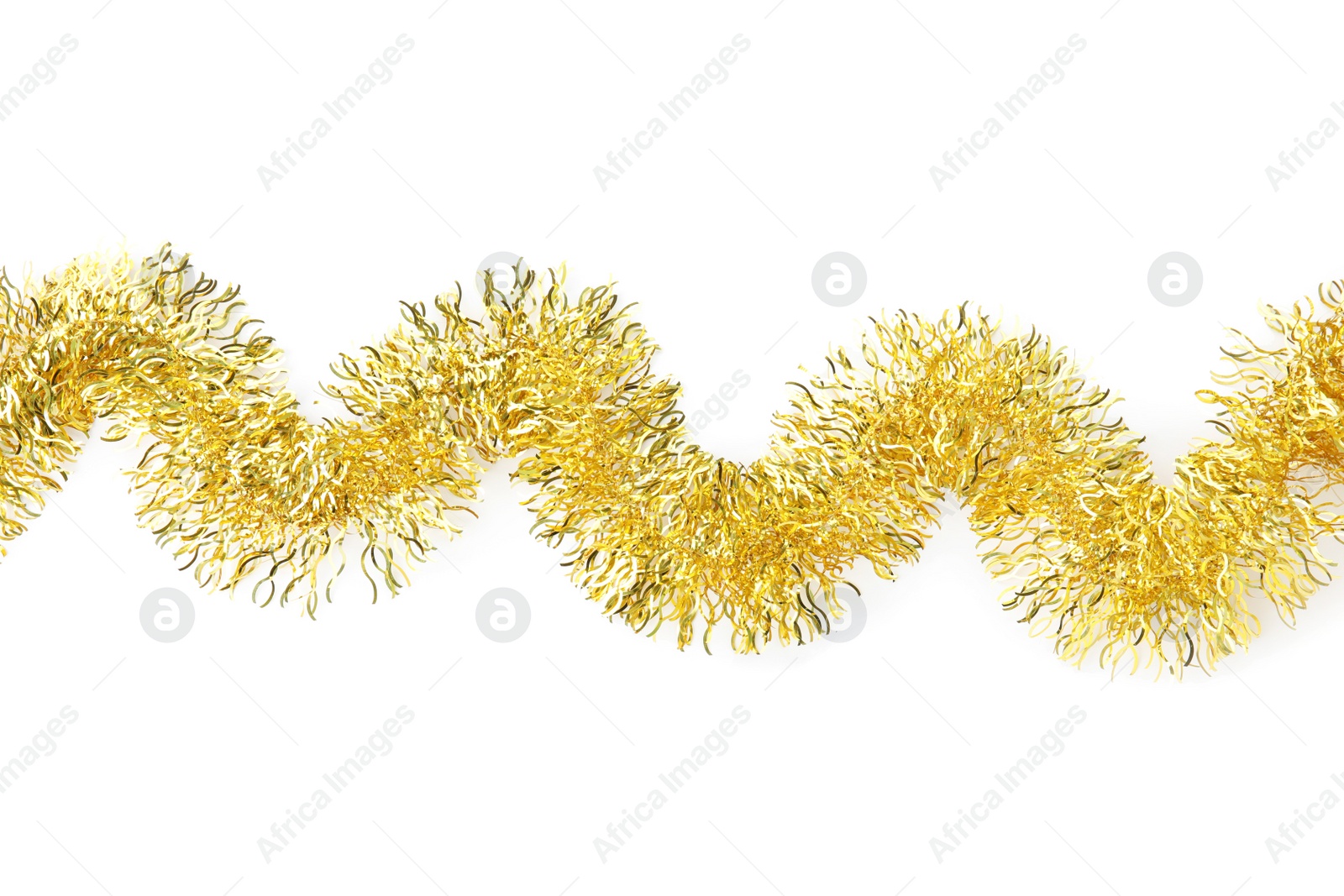 Photo of Shiny golden tinsel isolated on white, top view