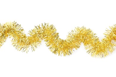 Photo of Shiny golden tinsel isolated on white, top view