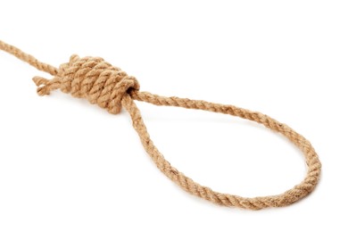 Photo of Rope noose with knot on white background