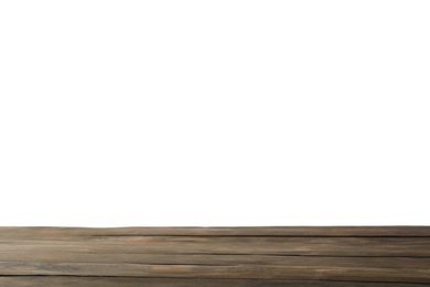 Photo of Empty wooden surface against white background. Mockup for design