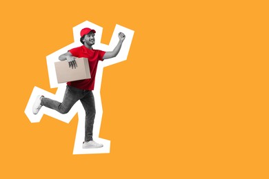 Image of Happy courier with parcel running on orange background, space for text