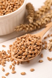 Spoon of wheat grains on white wooden table, closeup