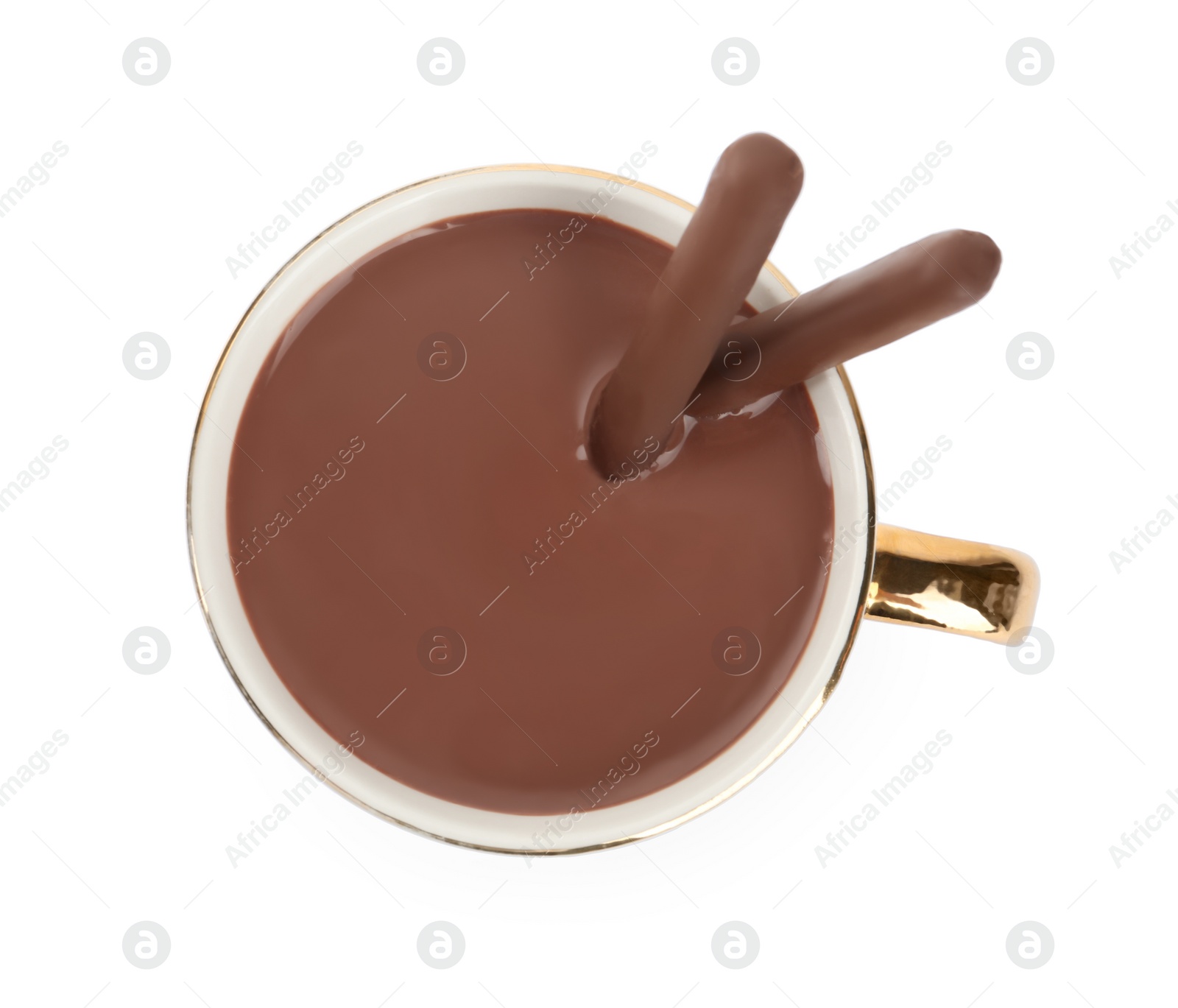 Photo of Cup of delicious hot chocolate isolated on white, top view