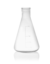 Photo of Empty conical flask isolated on white. Laboratory glassware