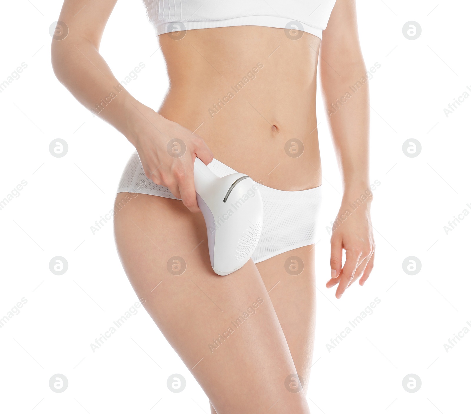 Photo of Woman doing leg epilation procedure isolated on white, closeup