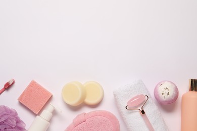 Photo of Bath accessories. Different personal care products on white background, flat lay with space for text