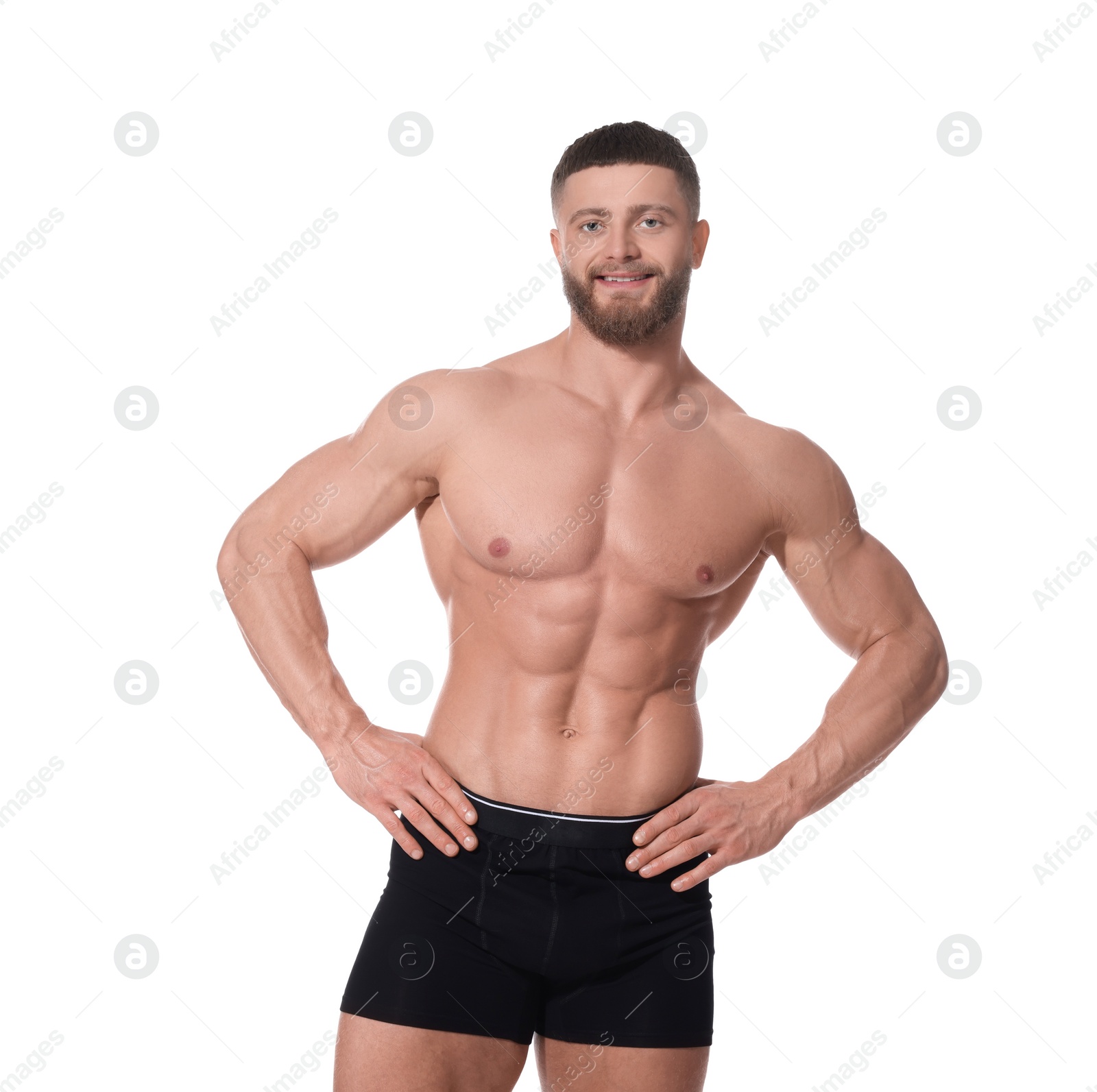 Photo of Young man is stylish black underwear on white background