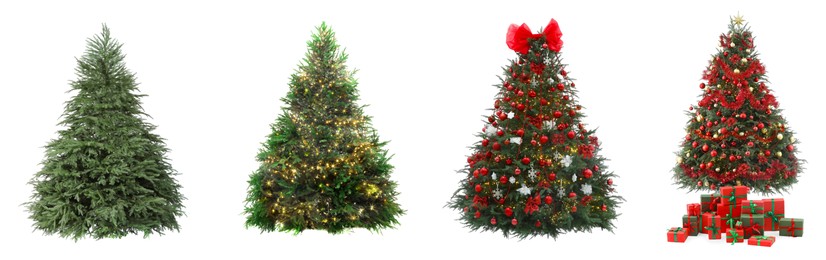 Image of Christmas tree isolated on white, step-by-step decorating