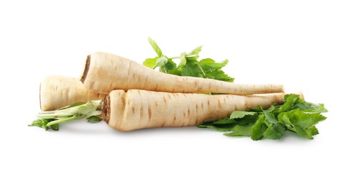 Photo of Tasty fresh ripe parsnips on white background