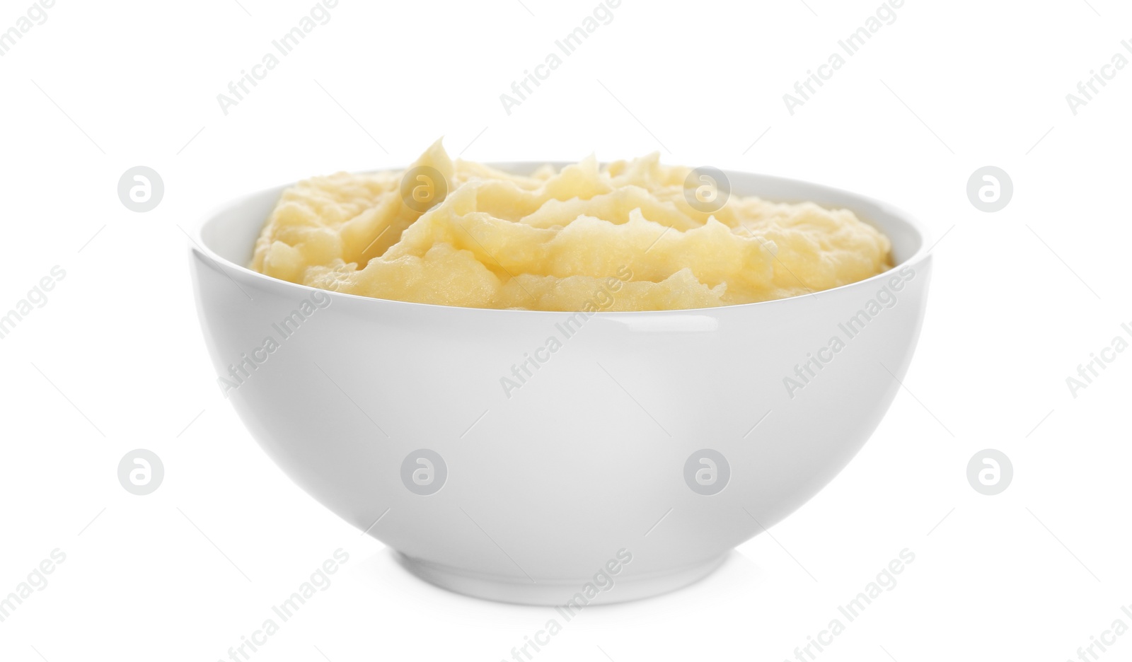 Photo of Bowl with mashed potatoes on white background